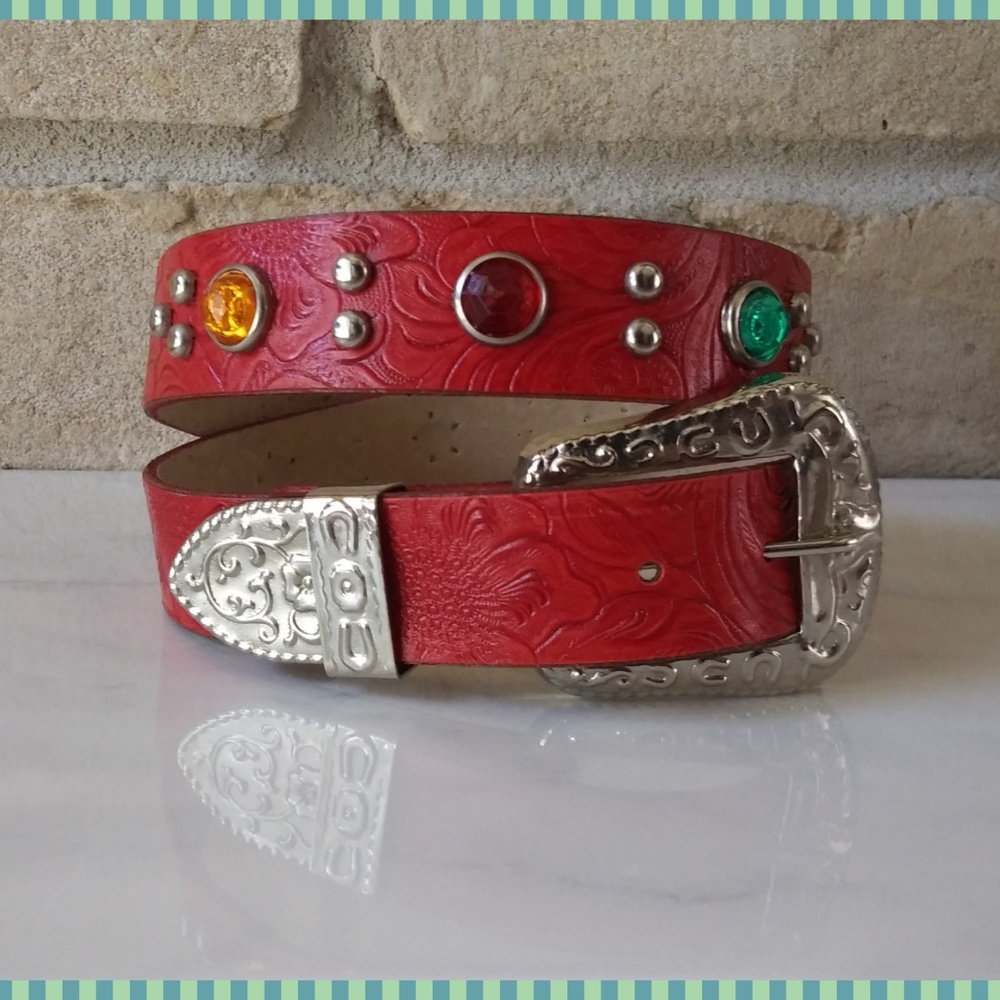 Red Bonded Leather Western Belt w/Rhinestones